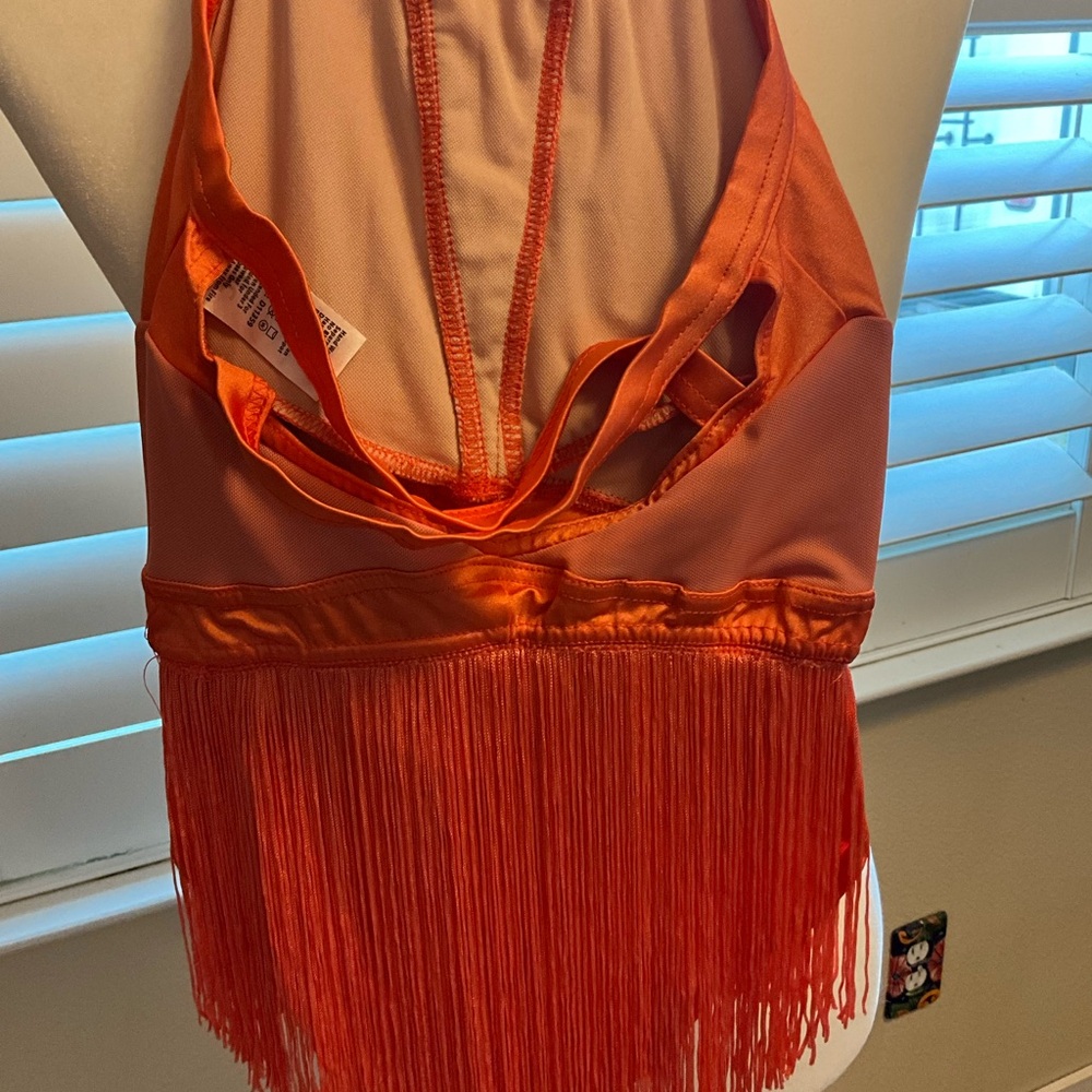 Weissman Balera Orange Halter Fringe Bodysuit size 10/12 Dance Halloween Dressup - Picture 3 of 7